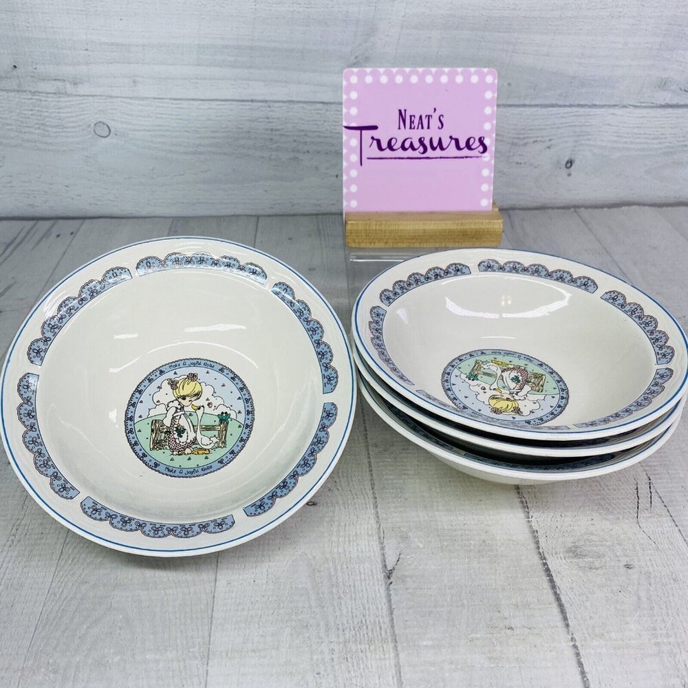 1992 Precious Moments MAKE A JOYFUL NOISE Girl Ceramic Soup Cereal Bowls Set 4